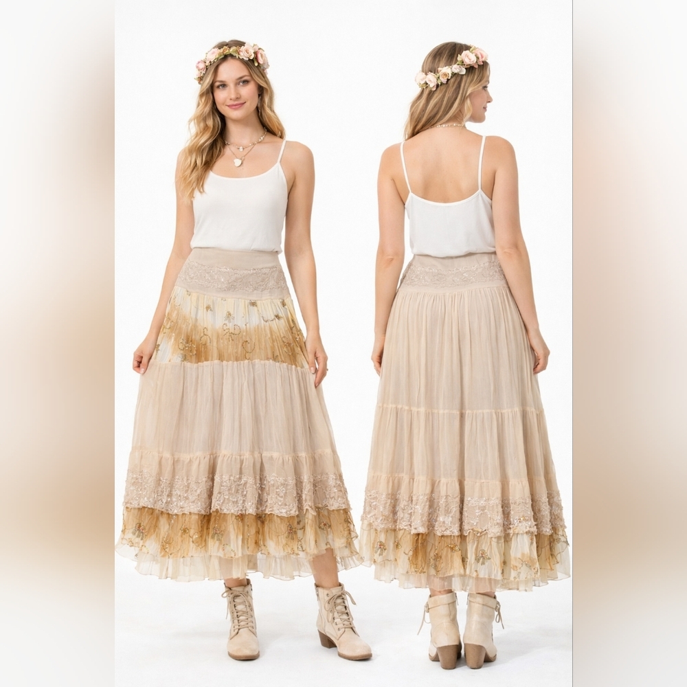 SHARON MAX Skirt Womens Large Beige Gold Tiered Lace Midi Boho Ethereal Whimsy